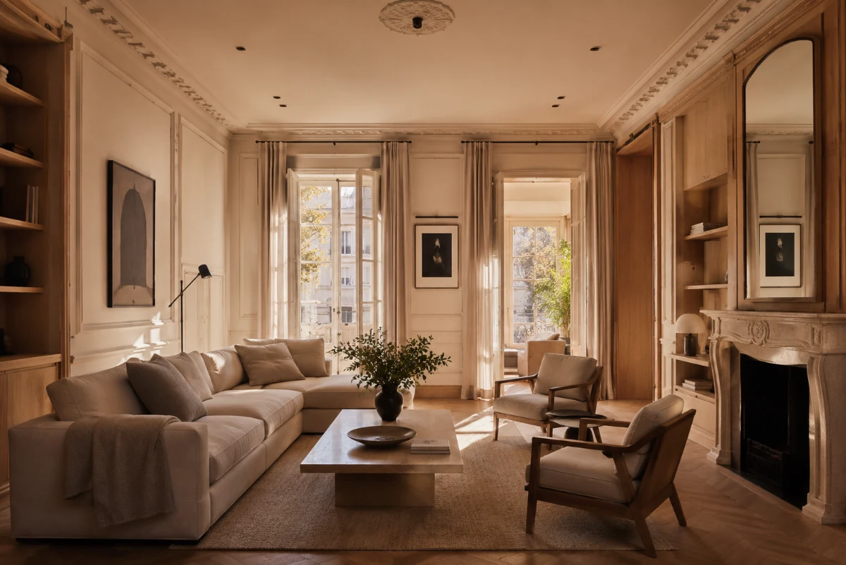 Salón clásico contemporáneo con molduras y luz natural